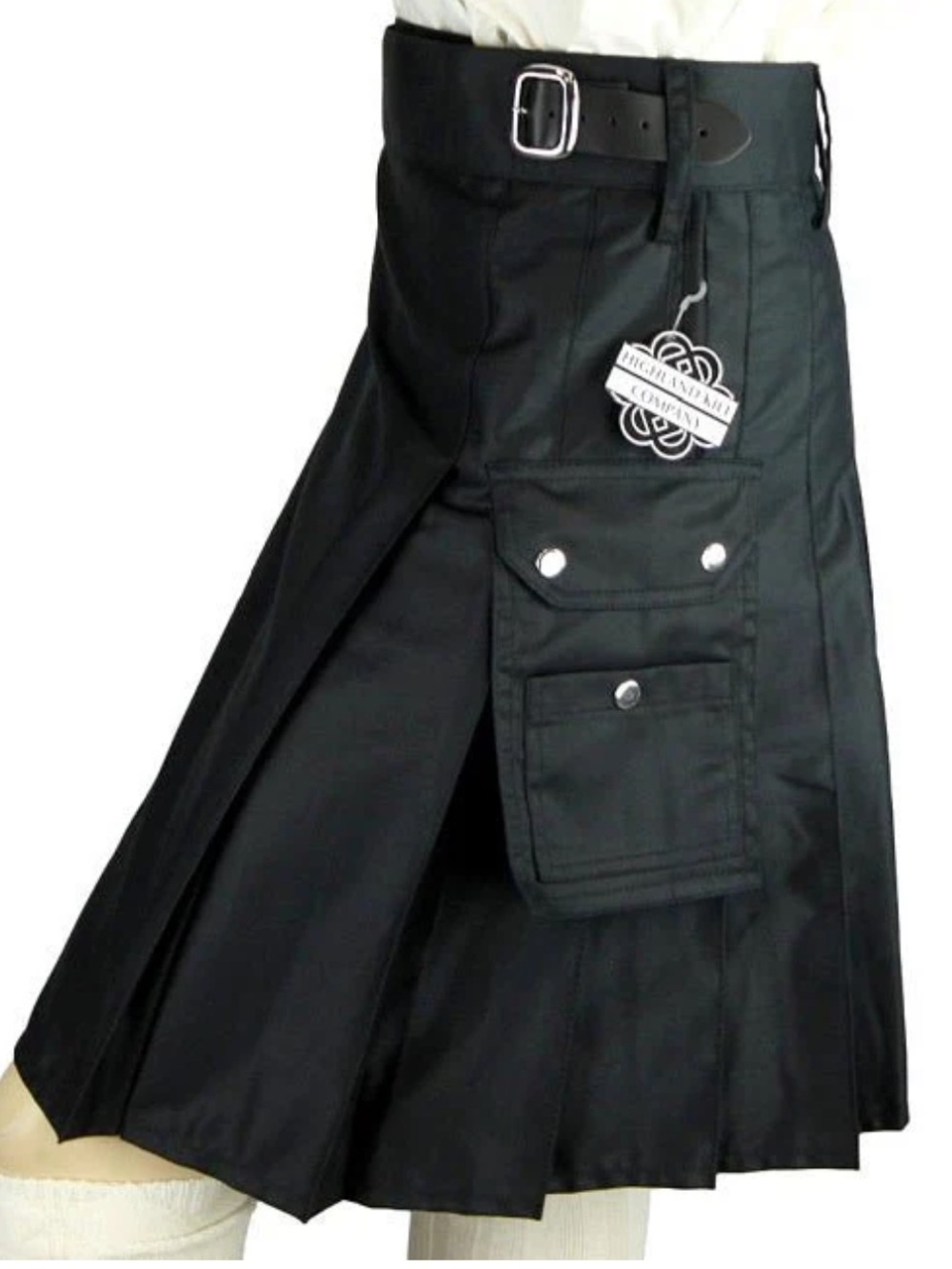 NEW Scottish Highland Utility Cargo Adjustable Waist Black Kilt, Size 34